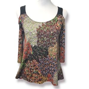 Star Vixen Cold Shoulder Top 3/4 Sleeves Paisley Patchwork Print Size Small